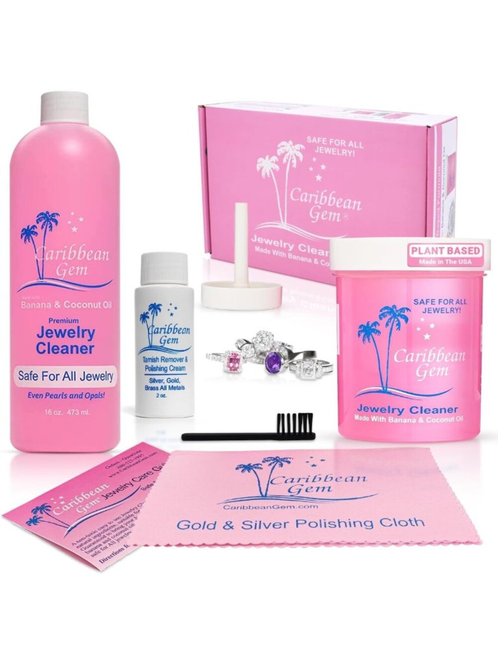 Jewelry Cleaning Kit - 16oz & 8oz Cleaner, Brush, Cloth for Gold, Silver
